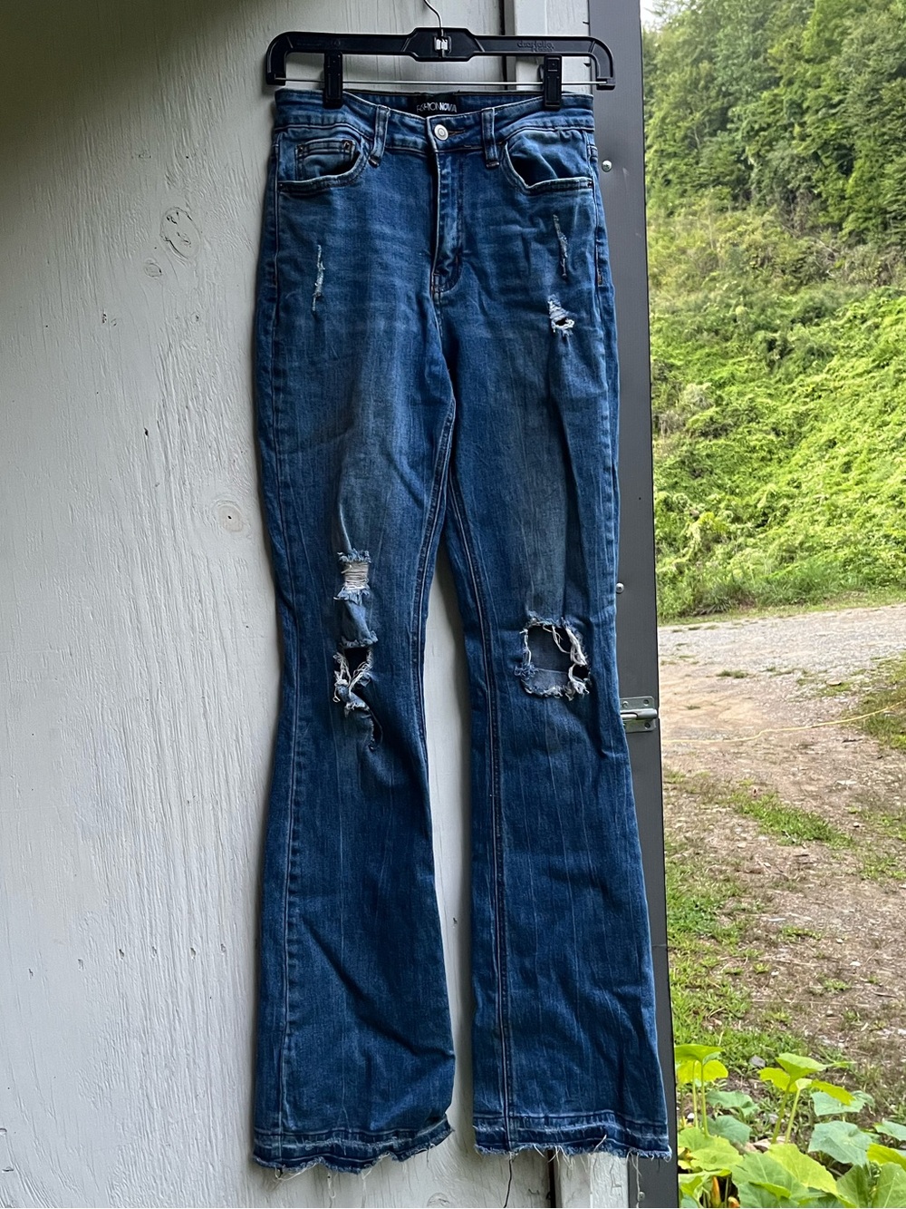 Fashion Nova Dark Blue Distressed Flare Jeans